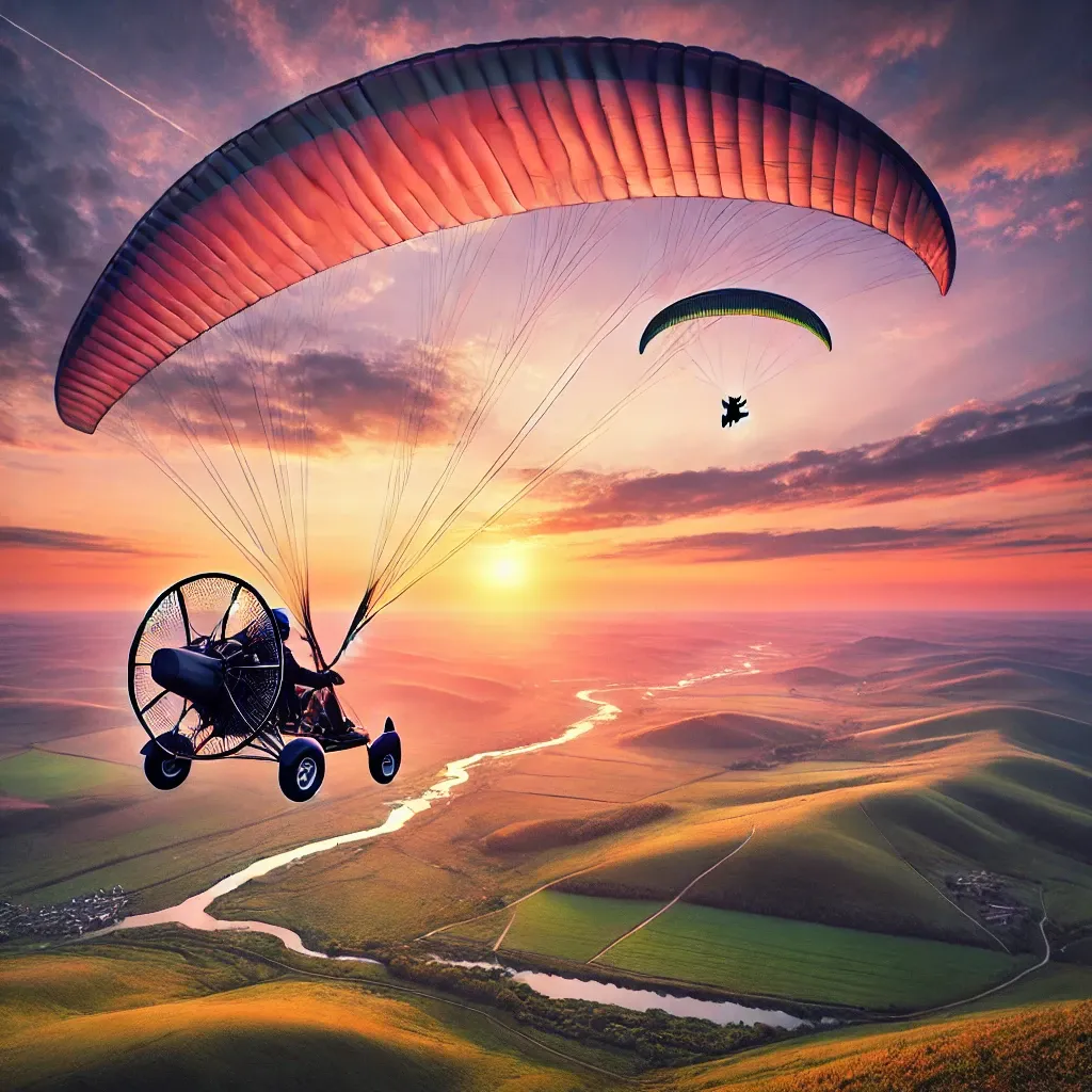 Image of paramotor pilots flying over a scenic landscape