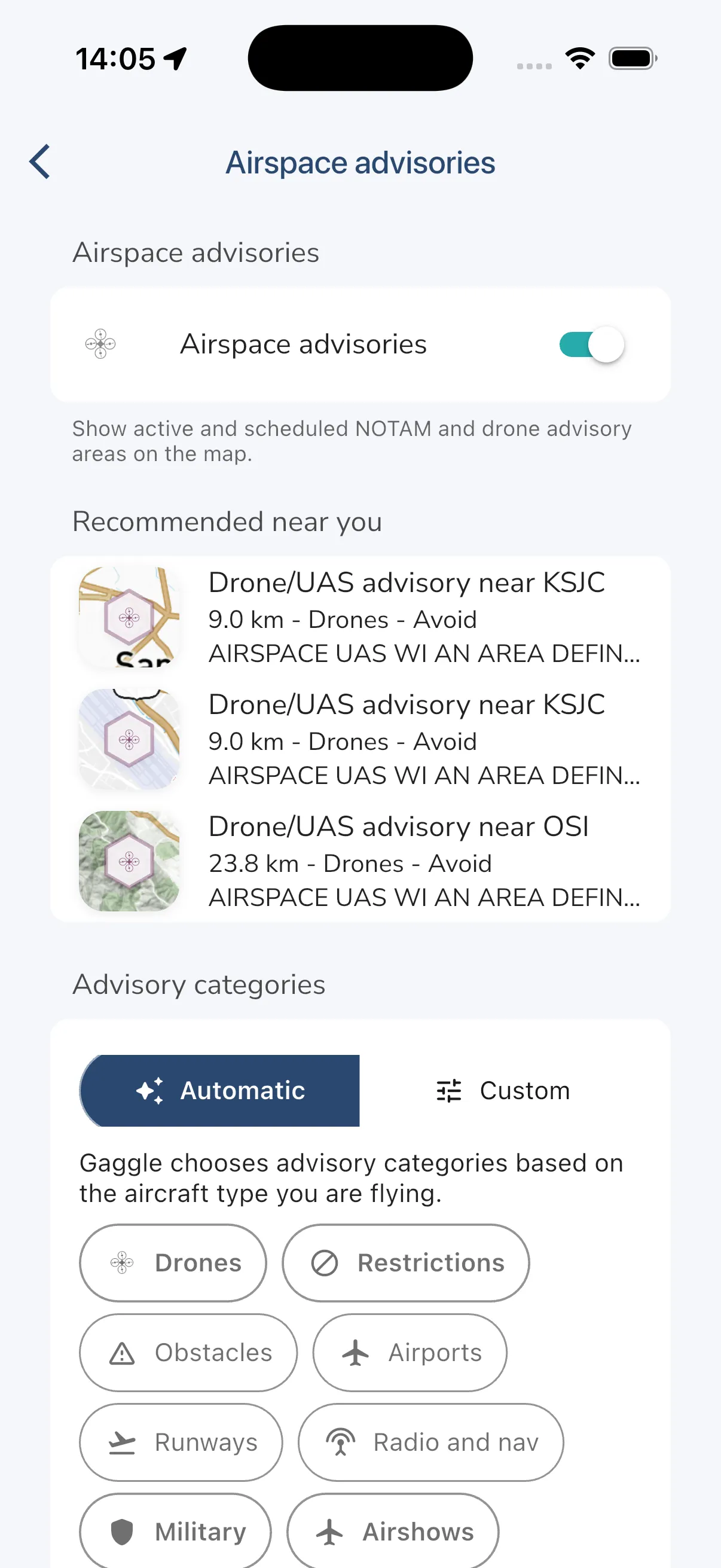 Airspace advisory settings overview
