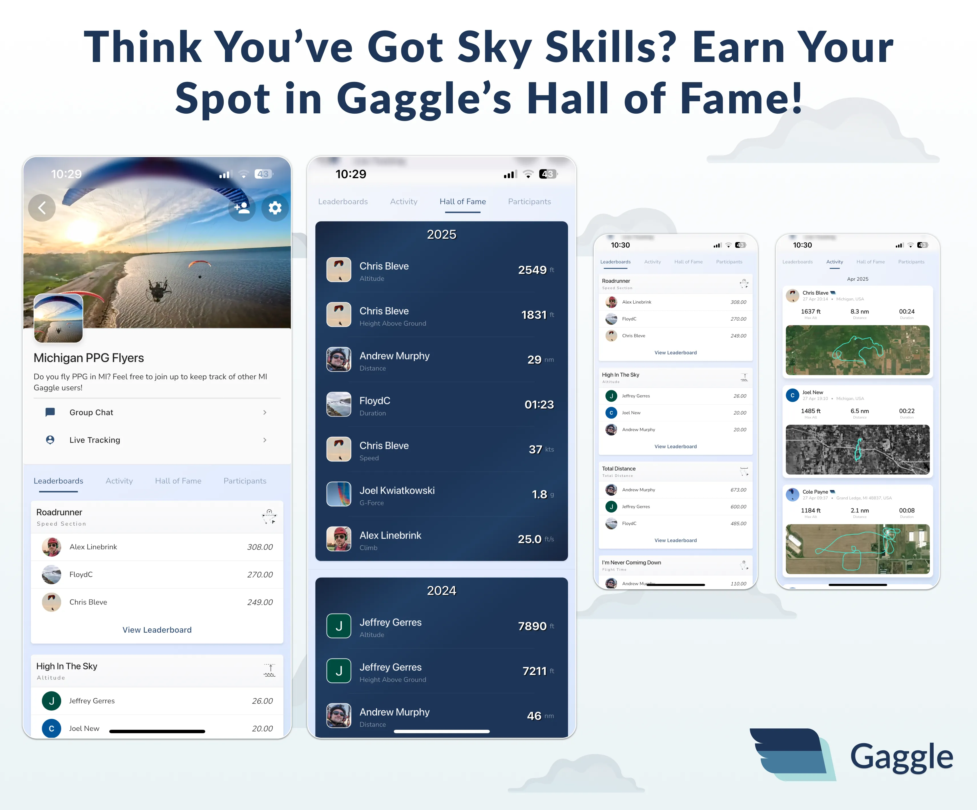 Flight stats leaderboard showing Gaggle's Hall of Fame