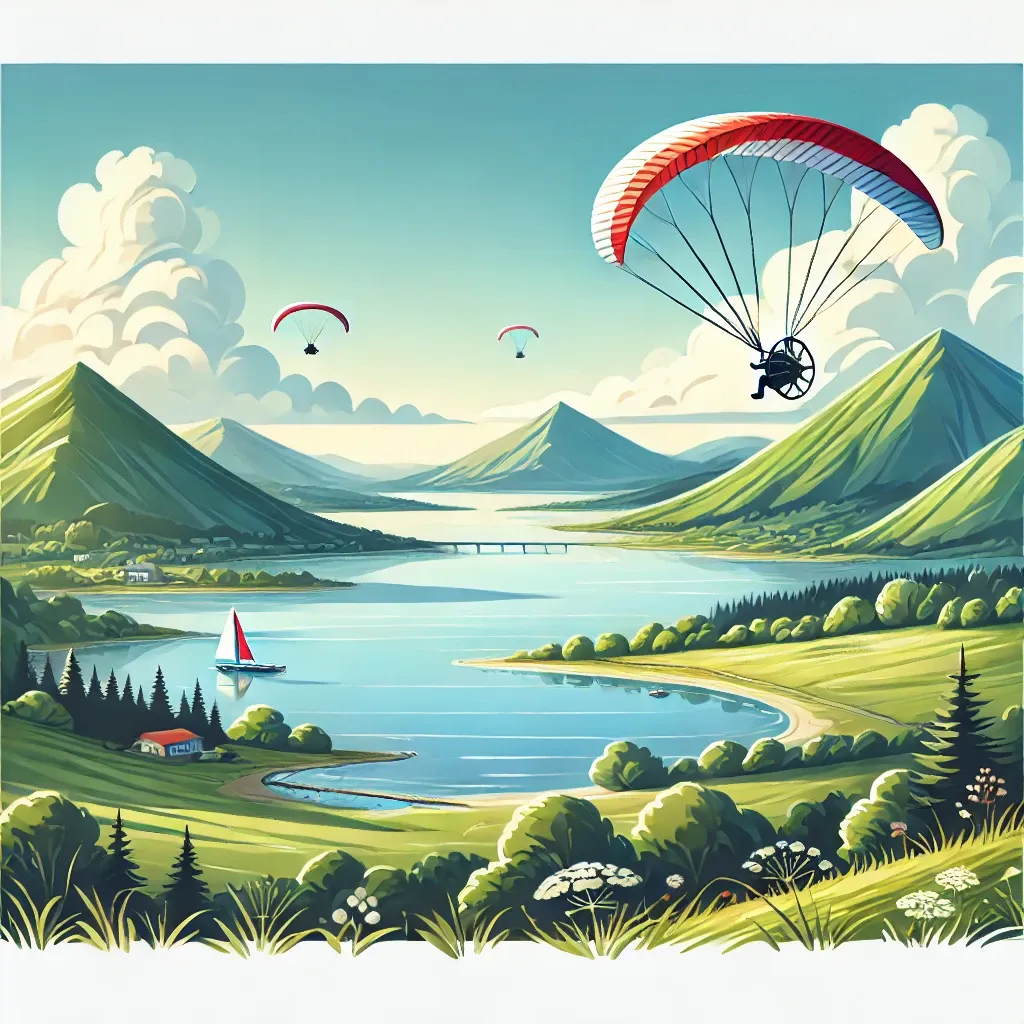 An image of paramotors flying over a picturesque landscape