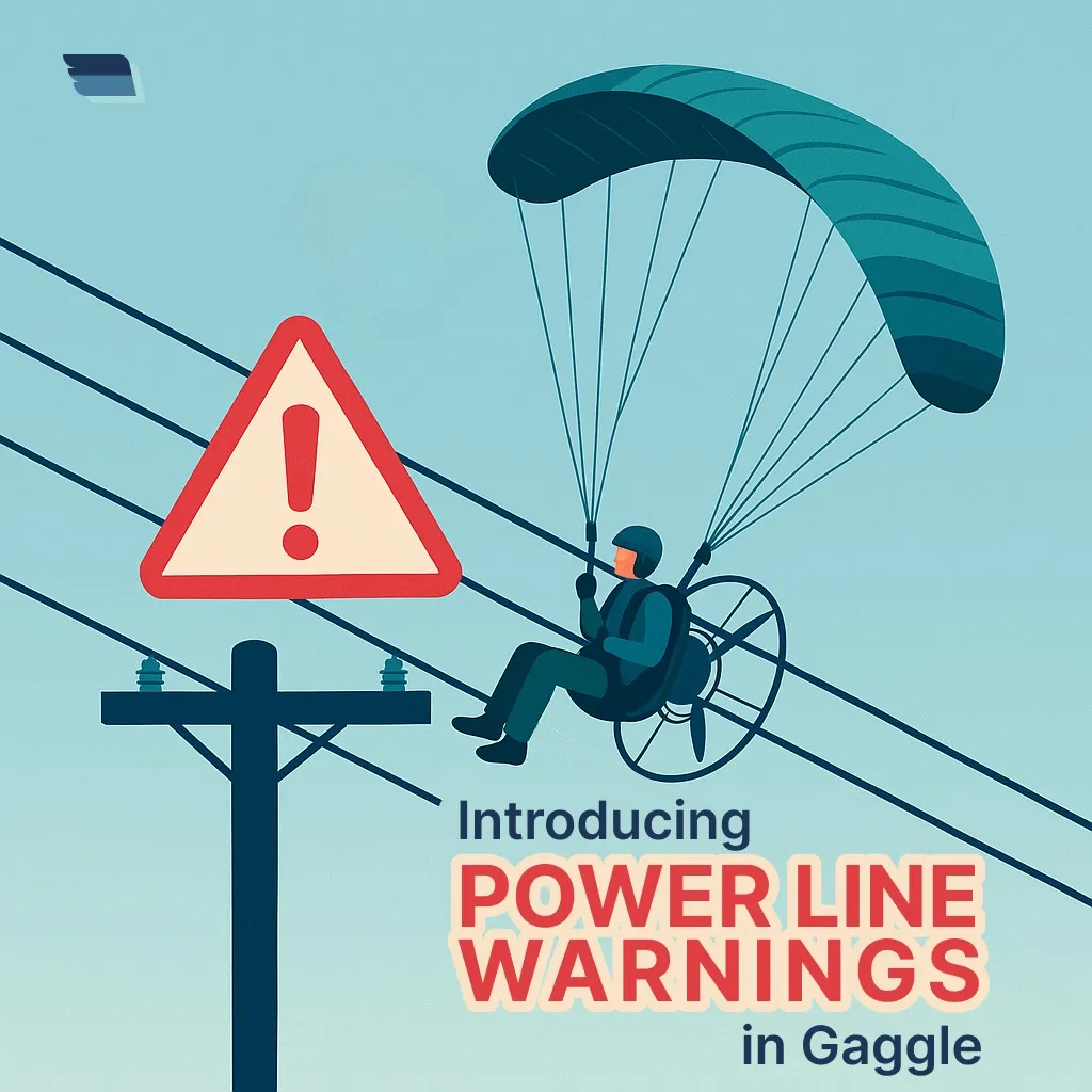 Flight path in Gaggle with a power line alert shown